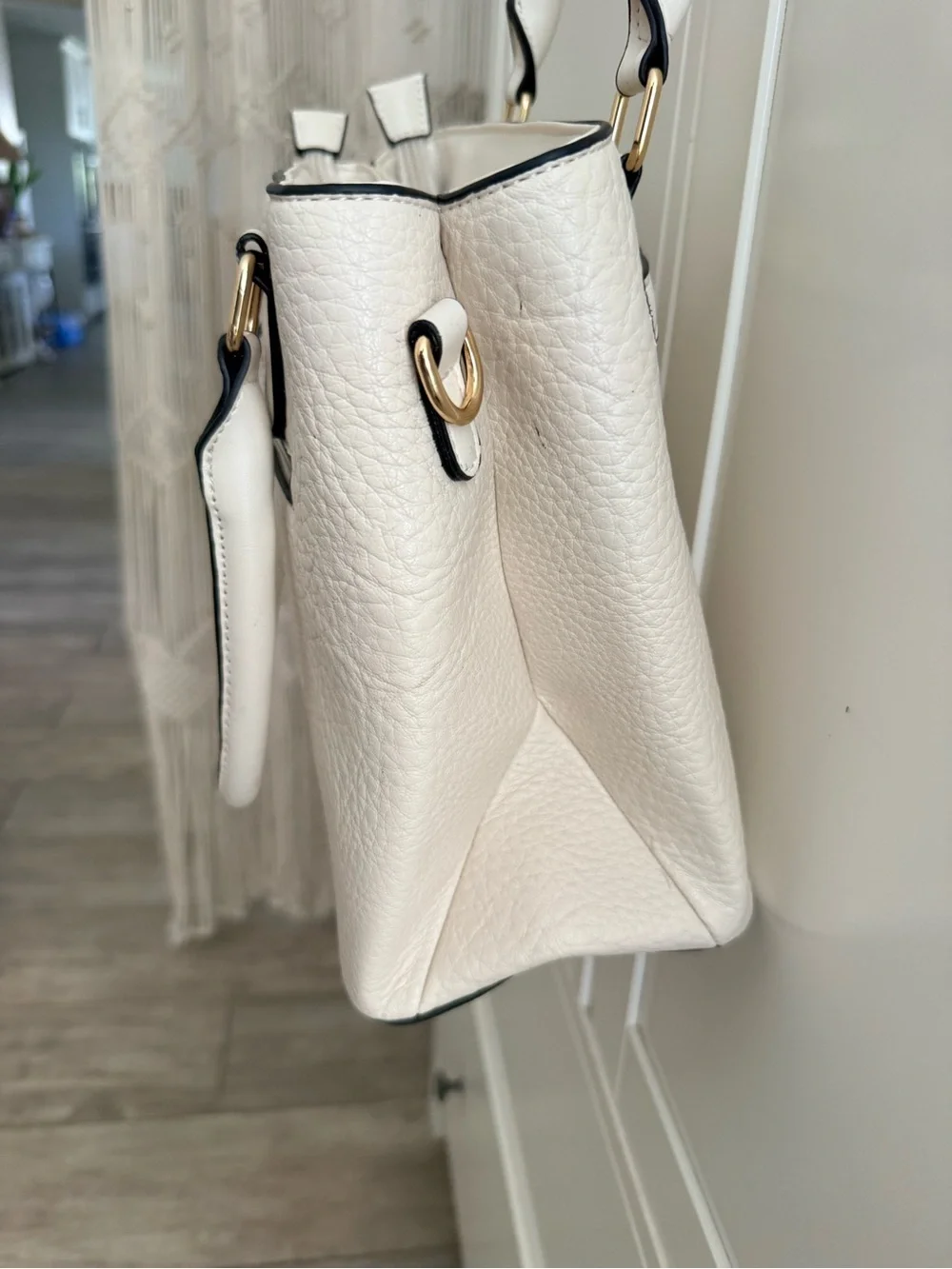 Structured Cream Satchel Handbag with Gold-Tone Accent